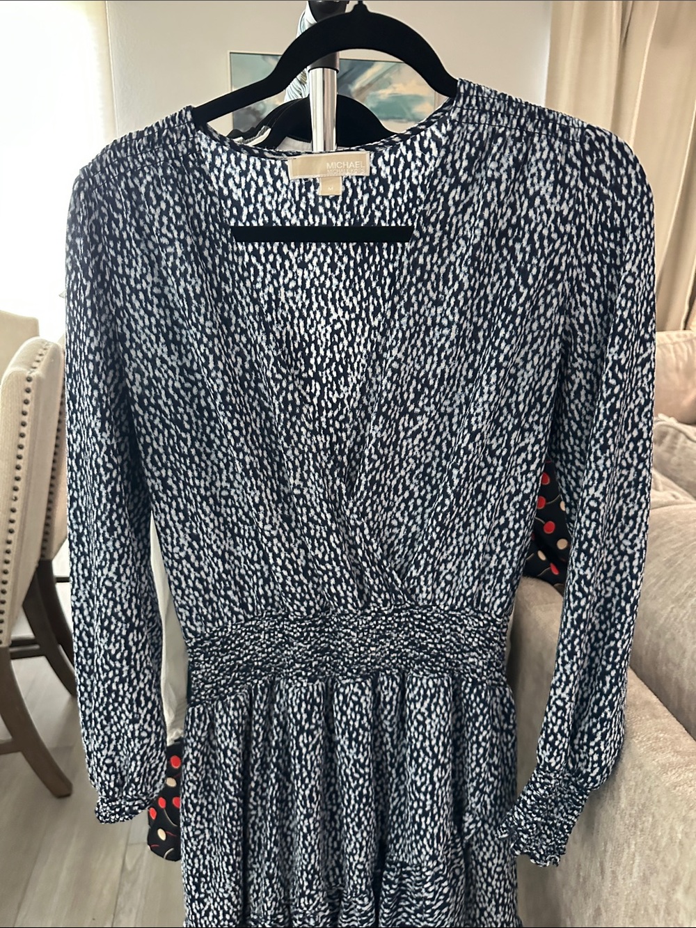 Michael Kors Navy and White Printed Long Sleeve Wrap Dress